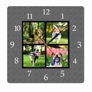 【15in】黒板ファミリー4カスタム写真コラージュスクエアプリントアクリル壁掛け時計パーソナライズされた子犬ペット写真壁掛け時計