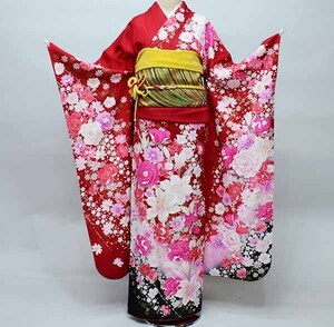 振袖 正絹 着物 単品 仕立て上がり 百花繚乱 バラ ユリ 花刺繍 赤色 鮮やか赤色 新品（株）安田屋 NO36668