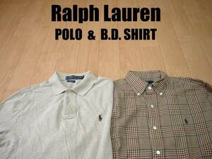 即戦力2着セットRalph Laurenワンポイント長袖ポロシャツ&好配色チェックシャツM正規ラルフローレン鹿の子POLOボタンダウン90sビンテージ