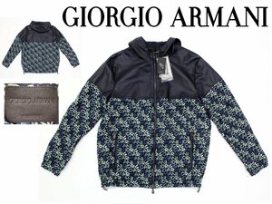 82万新品◆46=S◆GIORGIO アルマーニ イタリア製ラムレザー×キュプラ　ロゴプリント フロントジップフーディーブルゾン 紺 1円