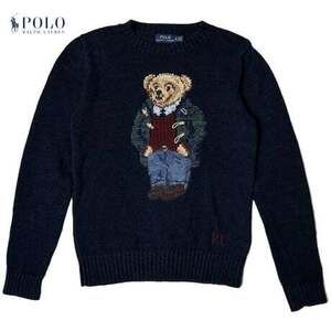 TA857ね@ POLO RALPH LAUREN Aランク 美品 ポロベア ニット セーター メンズ Mサイズ ネイビー