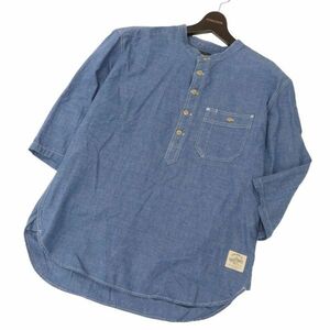 SCHOTT BROS. NEW YORK ショット 春夏 ロゴ★ 7分袖 バンドカラー プルオーバー デニム シャツ Sz.M　メンズ　C4T01989_3#A