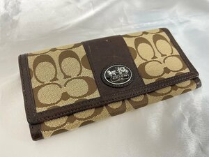 ■【YS-1】 コーチ COACH 長財布 ■ シグネチャー柄 茶色系 小銭入れ有り カード入れ12箇所 9.5cm×19.3cm 【同梱可能商品】■B