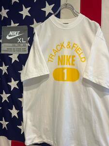 ★00s★シングルステッチ★NIKE★ナイキ★TRACK&FIELD★半袖Tシャツ★カレッジプリント カプセルあり★3段★ホワイト★白×黄色★XLサイズ