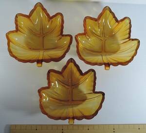☆11G　昭和レトロ■アンバー/琥珀色　ガラス製　楓の葉　小鉢　3個■