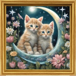 猫　子猫　絵　イラスト　花　月と星　Ｌ判 　ＡＩアート　美術