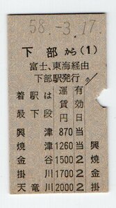 ☆国鉄　身延線　下部から天竜川ゆき　準常備乗車券　S５８年　☆