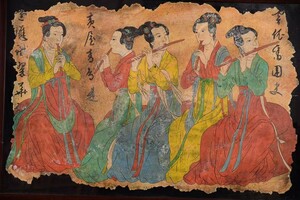 k珍品旧蔵 中国古画【 唐時代の唐三彩 敦煌石窟の人物物語壁画 】 （紙に手書き）国画 手 中国古美品 品 代物 珍品