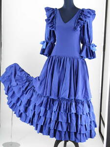 『送料無料』【スペイン製 フラメンコ衣装】鮮やかブルー×豪華フリル ドレス 大きく広がる裾 FLAMENCO タンゴ