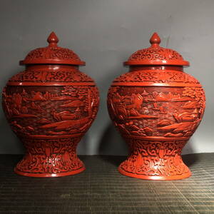 中国 清代 剔紅漆器 漆彫山水 將軍罐一対 細密毛彫 時代物 中国古美術 極細工 置物 東洋彫刻 唐物 GYS12
