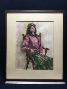 86年 直筆サイン入り水彩画 人物画 美人画 ガラスカバー付き額入り 絵画 古画 飾り物 オブジェ 珍品 椅子に座った女性像 作者 年代 書込み