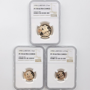 1990 英国 エリザベス2世 ソブリン 金貨3種セット プルーフ NGC PF 70 UC 最高鑑定 完全未使用品 聖ジョージ竜退治 イギリス 金貨