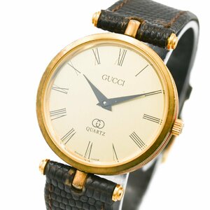 1円 稼働 良品 GUCCI グッチ 2000M シェリーライン QZ クオーツ ゴールド 金文字盤 GP メンズ 腕時計 ラウンド レザーベルト 281320240416