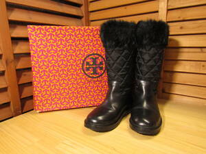 Y送料無料△427美品【TORY BURCH トリーバーチ】箱付 JOEY BOOT ラビットファー付 レザー ブーツ ブラック SIZE 6