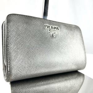 1円〜 プラダ PRADA 折財布 サフィアーノレザー ウォレット ラウンドファスナー 金具 ロゴ ト レディース メンズ シルバー 銀系