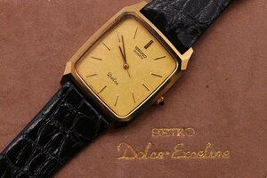 【中古美品】SEIKO セイコー Dolce ドルチェ 7731-5040 ゴールドカラー文字盤 クォーツ メンズ 腕時計 稼働品 純正箱付き 1円～