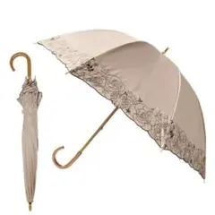 日傘　長傘　晴雨兼用　完全遮光　ローズ　刺繍　キャメル　かわず張り