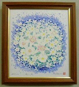 新品 風水絵画 白い花 家庭運 夫婦円満 開運 絵 絵画 花の絵 額装付き 風水 運気アップ 版画 32x29cm