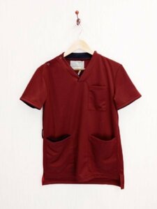 LU0251 ○送料無料 古着 サイズ SS バーガンディ 看護服 肩スナップボタン ユニフォーム ストレッチ 男女兼用 介護 Vネック