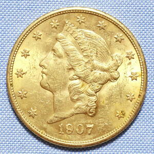 アメリカ 女神 20ドル金貨 1907年　準未使用品　-2489