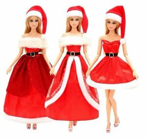 クリスマス風３枚セットドレス・帽子付きリカちゃん・バービーちゃん・お人形さん用　人形 ドール