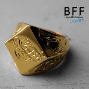 BFF ブランド タートル 印台リング ラージ ごつめ ゴールド 18K GP 金色 菱形 手彫り 専用BOX付属 (21号)