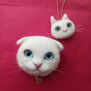 もたこ 羊毛フェルト猫 スコティッシュフォールド ねこ ネコ 羊毛フェルトリアル猫　白い猫　白猫　真っ白い猫　青い目の猫　しろねこ 猫