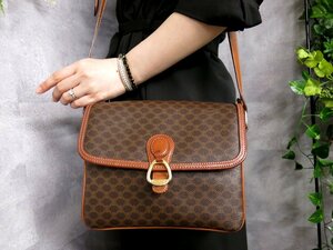 超美品●CELINE セリーヌ●マカダム●ロゴ型押し●PVC カーフ レザー 本革●ショルダー バッグ●ブラウン系●G金具●ヴィンテージ●Js46546