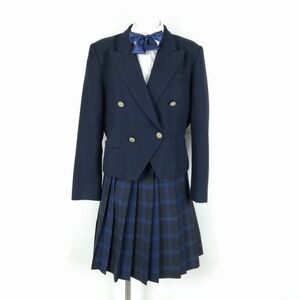 1円 ブレザー チェックスカート リボン 上下4点セット 大きいサイズ 冬物 女子 学生服 中学 高校 紺 制服 中古 ランクC NA4843