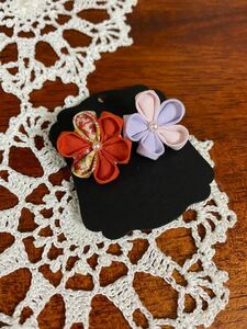 【ハンドメイド】手作り★つまみ細工＊樹脂ピアス＊フラワー花★オレンジ薄紫ピンクバイカラー