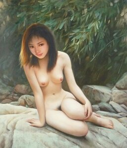 肉筆絵画 油絵 油彩画 洋画 (油絵額縁付きで納品対応可) F12号 「岩上の裸婦」