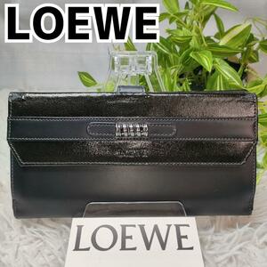 ロエベ 長財布 ブラック 銀金具 LOEWE 財布 黒 フラップ カード 小銭入れ 女性 折り財布 男性 メンズ フラップ レディース ロゴ 札入れ