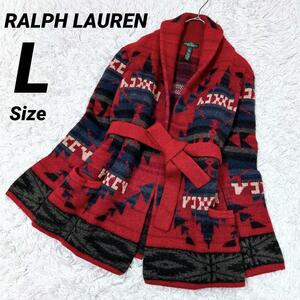 美品★L★LAUREN JEANS CO. RALPH LAUREN ローレンジーンズ ラルフローレン 厚手 ロングガウンコート カーディガン ショールカラー腰ベルト