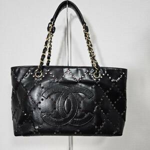 【1円スタート】CHANEL シャネル シールあり ８番台　ポーチ付き　ココマーク チェーントートバッグ　エナメル　ブラック　C4698