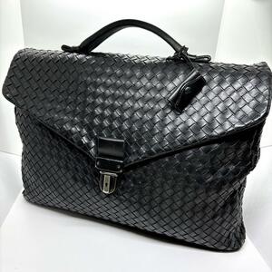 1円【美品】BOTTEGA VENETA ボッテガヴェネタ ビジネスバッグ ブリーフケース イントレチャート フラップ ダレス チャーム 鍵 黒 通勤 通学