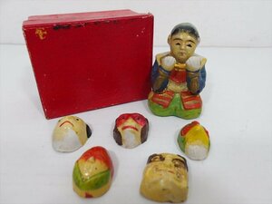 桃太郎 お面変身セット 陶器製 戦前物 1910～20年代頃 当時物 人形 童話 大正時代 ビンテージ 箱付き 雑貨