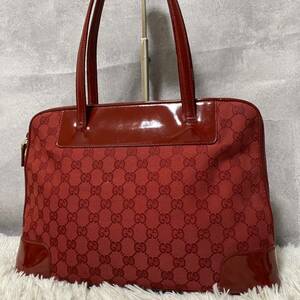 1円 GUCCI グッチ ハンドバッグ トートバッグ 赤 レッド キャンバス GGスプリーム GG柄 キャンバス エナメル加工