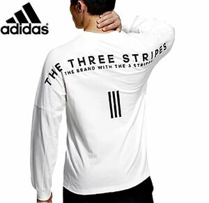 ●M198新品【メンズM】白ホワイト ゴルフにオススメadidas アディダス 背面BIGロゴ クルーネック長袖シャツ　ヘビーウエイト コットン