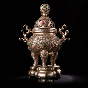 【古寶奇蔵】銅製・銀鍍・寶石嵌・三足雙如意耳・熏香炉・置物・賞物・中国時代美術