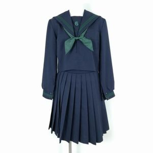 1円 セーラー服 スカート スカーフ 上下3点セット 160 冬物 緑3本線 女子 学生服 大阪郷荘中学 紺 制服 中古 ランクC NA1987