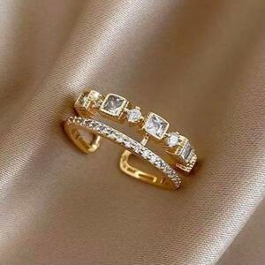 ジルコンダブルリング　指輪　レディース　ゴールド　韓国　サイズフリー　ファッション　キレイ　華奢　ジルコニア　人工ダイヤ　新品