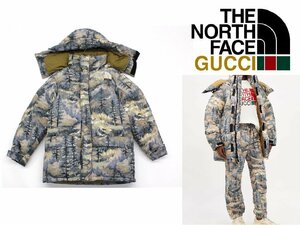 40万新品◆XS◆グッチ GUCCI×THE NORTH FACEコラボ ロゴ刺繍 フォレストカモフラージュ風柄プリントダウンジャケット 1円