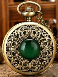 【懐中時計】緑の石×アンティークゴールド　ペンダントウォッチ　クォーツ