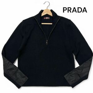 美麗品◎46サイズ!!プラダ【最高級の逸品】PRADA SPORT ドライバーズ 切り替え ニット セーター ウール ブラック 薄手 イタリア製◎メンズ