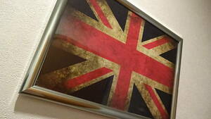英国・国旗の印刷物/ポスターが入った壁掛け・額縁フレーム額・シルバー・ユニオンジャック・イギリス・アンティーク風・軽量