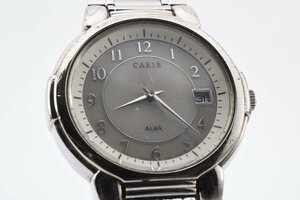 稼働品 アルバ カリブ V145-0E40 デイト ラウンド シルバー クォーツ メンズ 腕時計 ALBA CARIB