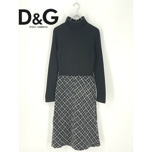 A8268/春夏 DOLCE&GABBANA ドルチェアンドガッバーナ D&G 長袖 ニット ミモレ丈 膝丈 ワンピース ツイード 26/40 M程 黒/レディース