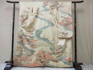 1円 中古 正絹 着物 訪問着 縮緬 式典 和装 アンティーク 大正ロマン 流水 花柄 袷 身丈152cm 裄65cm【夢職】★★★