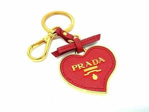 1円 ■美品■ PRADA プラダ サフィアーノレザー リボン ハート キーホルダー キーリング バッグチャーム ゴールド系×レッド系 AW6547