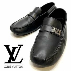 LOUIS VUITTON シルバーバックリ金具 レザードライビングシューズ ルイヴィトン LV ロゴ モカシンshoes スリッポン ローファー ブラック 9